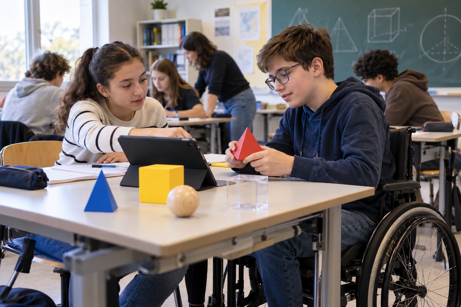 Photographie générée : des collégiens, dont un élève en fauteuil roulant, travaillent ensemble en mathématiques.