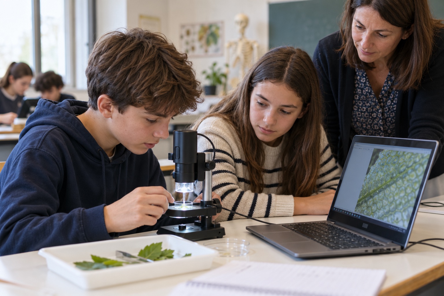 Photographie générée : des collégiens découvrent un microscope numérique en sciences.
