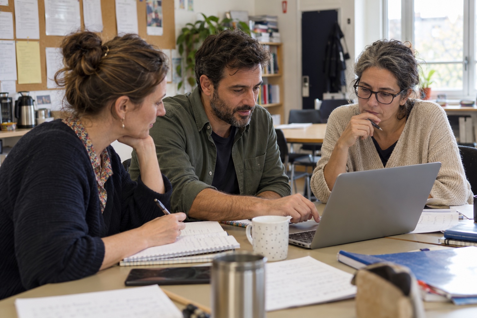 Photographie générée : des enseignants échangent autour d’un ordinateur et de notes en salle des professeurs.