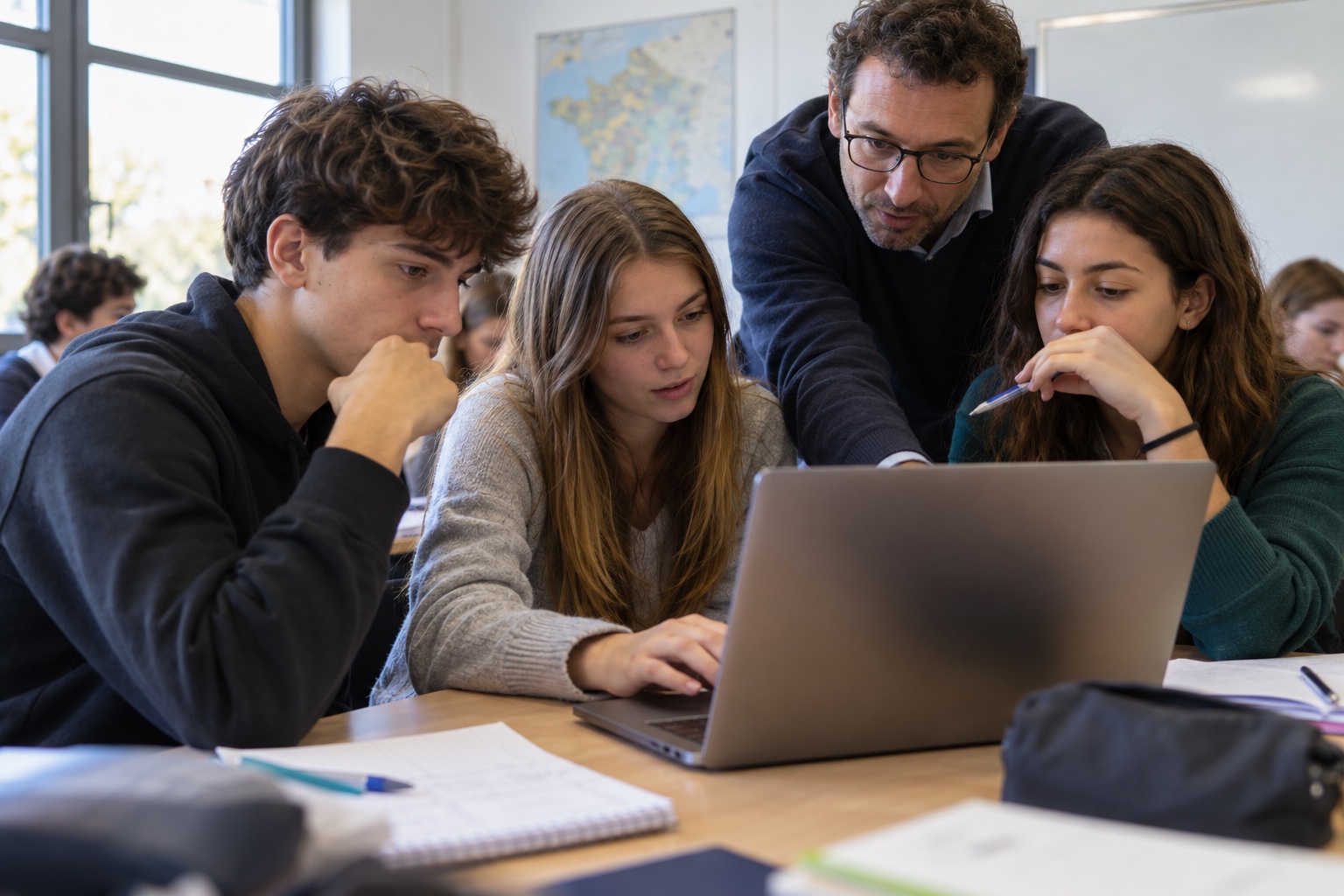 Photographie générée : des lycéens explorent un ordinateur avec leur enseignante.