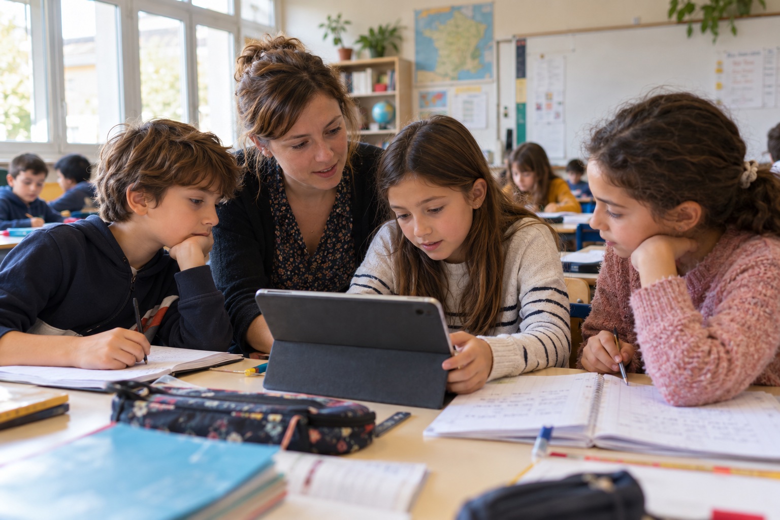 Photographie générée : des élèves d’école primaire et leur enseignante utilisent une tablette en classe.